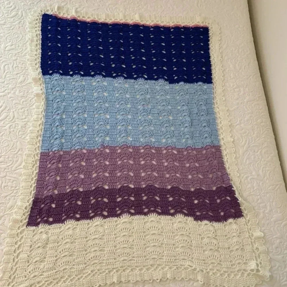 Afghan Crochet Blanket Size 54”x38” Ivory Blue Purple Lacy Edge Hand Crafted New